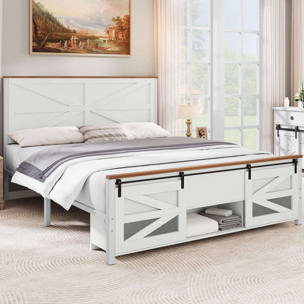 YITAHOME Farmhouse Queen Size Bed Frame with Sliding Barn Door Storage Cabinets, Farmhouse Platform Bed Frame with Headboard Solid Metal Slats Support, Noiseless, No Box Spring Needed, White YITAHOME
