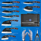 XYJ Professional Serbian Chef Knife Set with Roll Bag, Japanese Culinary Knives, Meat Cleaver, Kitchen Chopping Knife, and Protective Sleeves, Perfect for Home Cooking or Outdoor Camping (13) XYJ