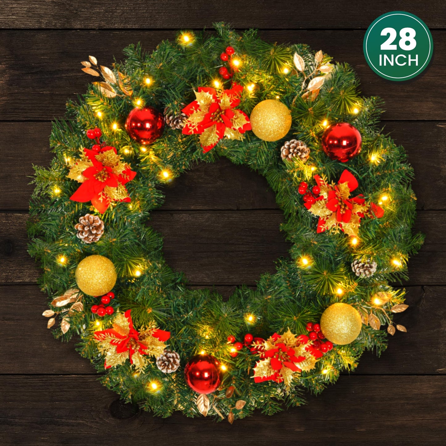 28inch Extra Large Pre-lit Christmas Wreath 8 Modes Lighting Artificial Deluxe Lighted Christmas Wreath Decorations Ornament with LED Lights Door Window Fireplace Decor Timer Function (28 INCH)