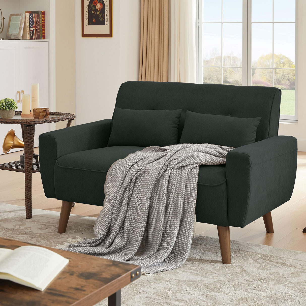 Portaforta Small Loveseat Sofa, 48" Mid Century Love Seat Couch, Modern 2 Seat Tufted Couches with Throw Pillows for Living Room, Apartment, Bedroom, Black Portaforta