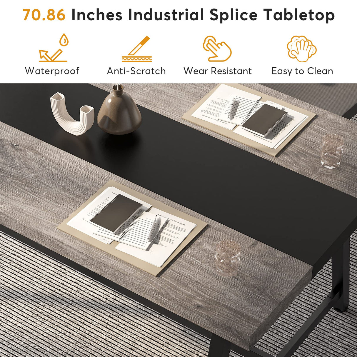 Tribesigns 6FT Rectangle Conference Table, 70.87L x 33.46W x 29.92H Inches Meeting Table for Conference Room, Vintage Wood Office Executive Desk with Strong Metal Frame for 6 People (Grey) Tribesigns