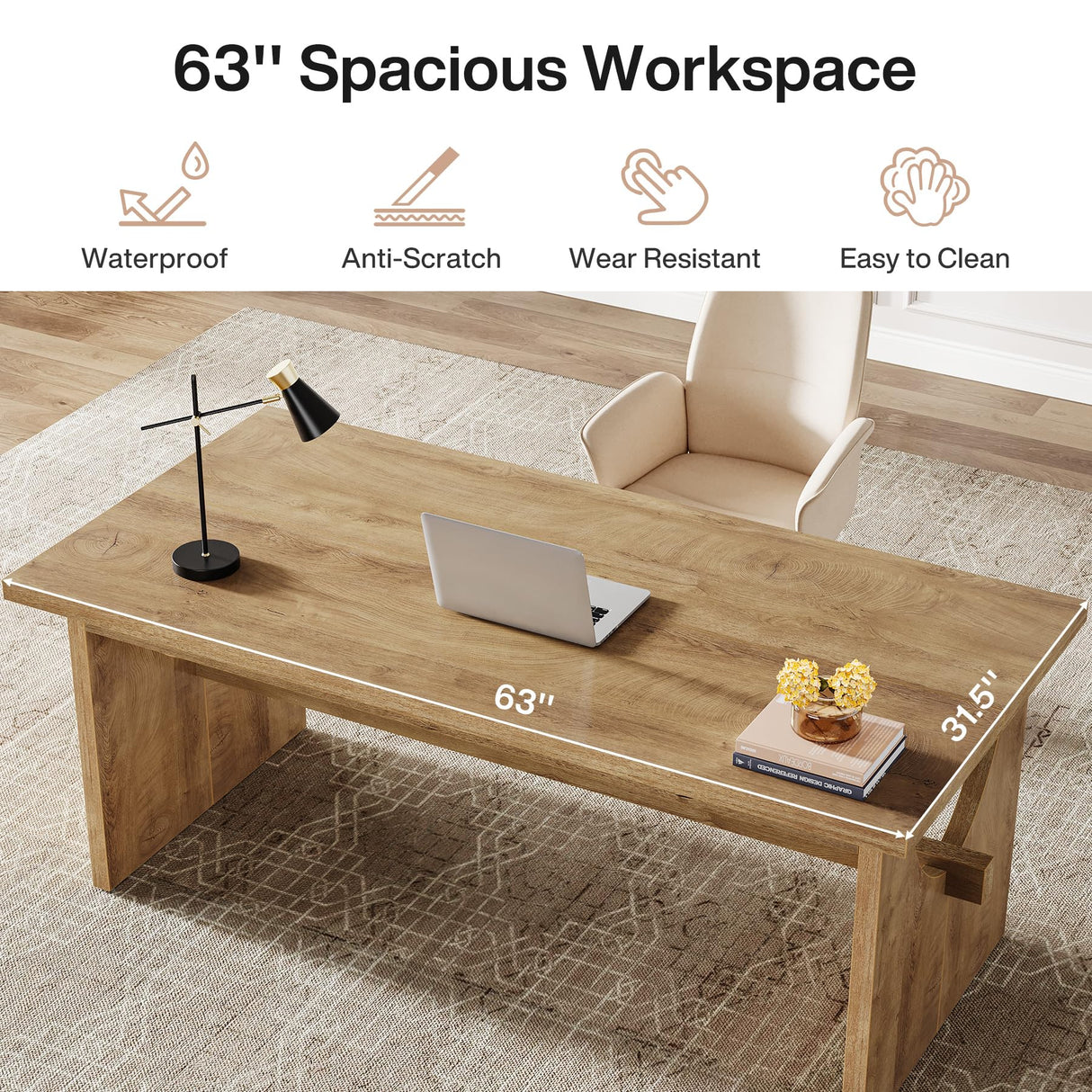 Tribesigns Executive Office Desk, 63-Inch Farmhouse Computer Desk, Large Writing Study Conference Table with Sturdy Legs, Business Workstation Table for Home Office, Rustic Brown Tribesigns