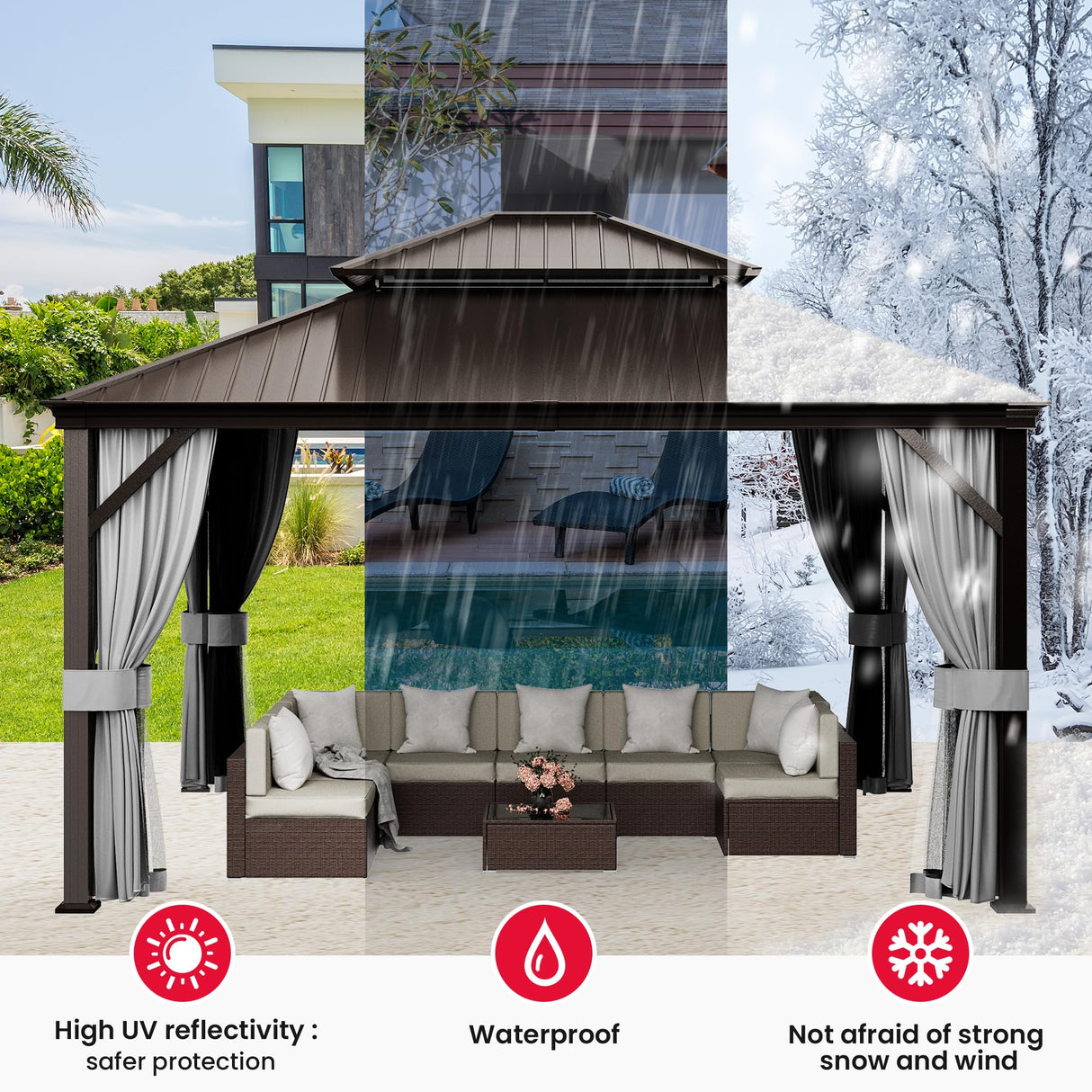 PAMAPIC 12'x14' Hardtop Gazebo, Double Roof Canopy with Netting and Curtains,2-Tier Hardtop Gazebo with Galvanized Iron Aluminum Frame, GardenTent for Backyard, Parties, Garden, Brown Pamapic