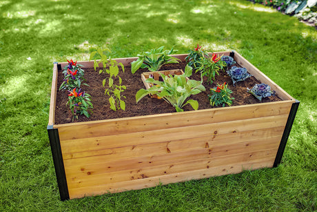 Vita Mezza 3 Foot x 5 Foot Keyhole Garden with Composting Basket, Golden Brown with Black Aluminum Posts, Cedar Wood, FSC, Pre-Stained, Outdoor, VT17702 Vita