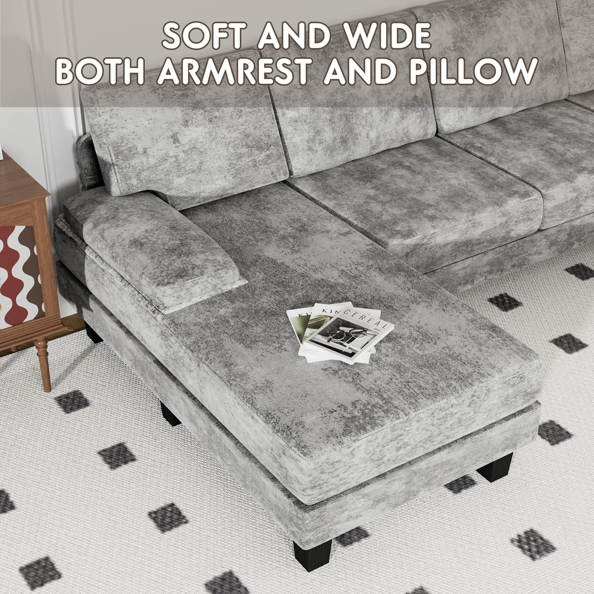 YESHOMY Convertible Sectional Sofa U-Shaped Couch with Soft Modern Cotton Chenille Fabric for Living Room, Oversized Seats with Comfortable Backrest, Gray YESHOMY