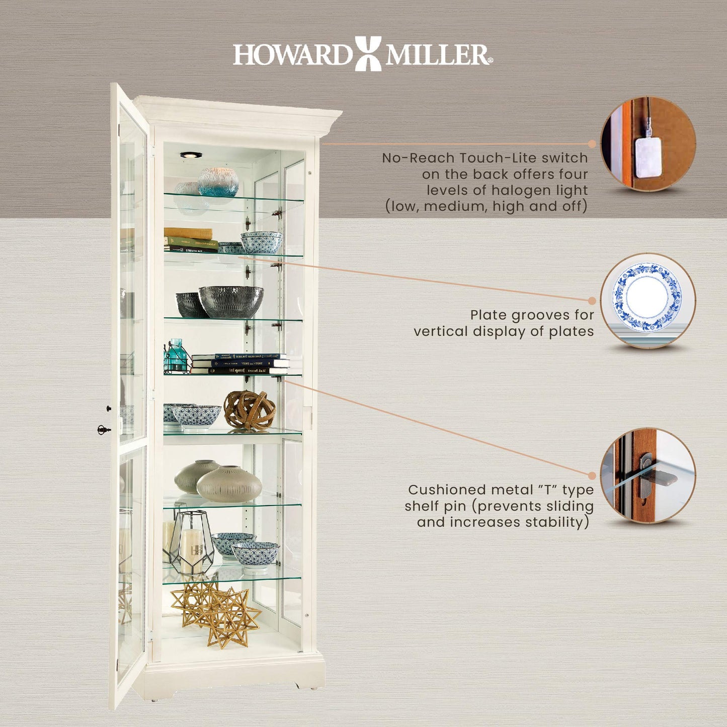 Howard Miller Chesterbrook V Curio Cabinet 680-662 – Aged Linen Finish Home Decor, Seven Glass Shelves, Eight Level Display Case, Locking Door, No Reach Light