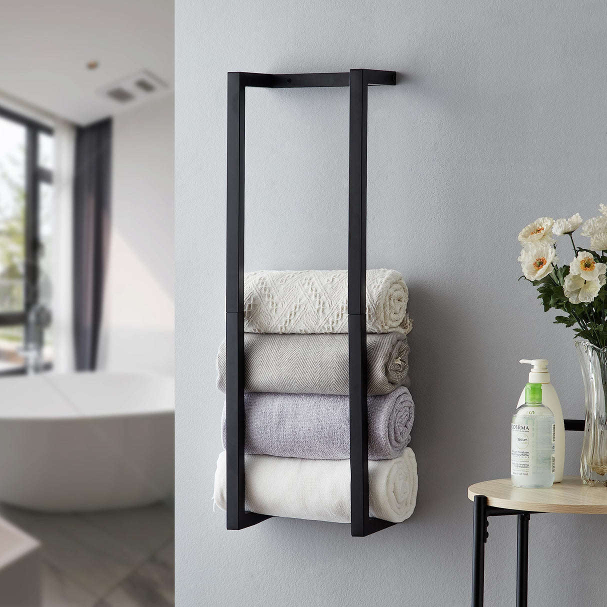 Towel Rack for Rolled Towels, Towel Rack for Bathroom,Wall Mounted Metal Bathroom Organizer, Bath Towel Holder Wall for Modern Small Space Bathroom Towel Storage (Black) Roeveca