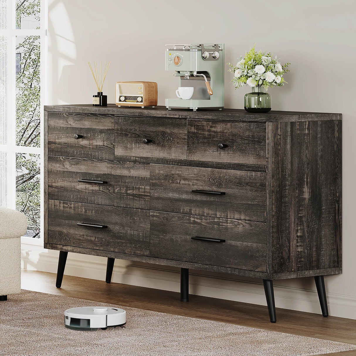 YITAHOME Dresser TV Stand for 55 Inch TV/7 Drawer Dresser Entertainment Center/Console Table with Black Metal Handles & Anti-Tipping Device for Living Room/Bedroom-Dark Rustic Oak YITAHOME