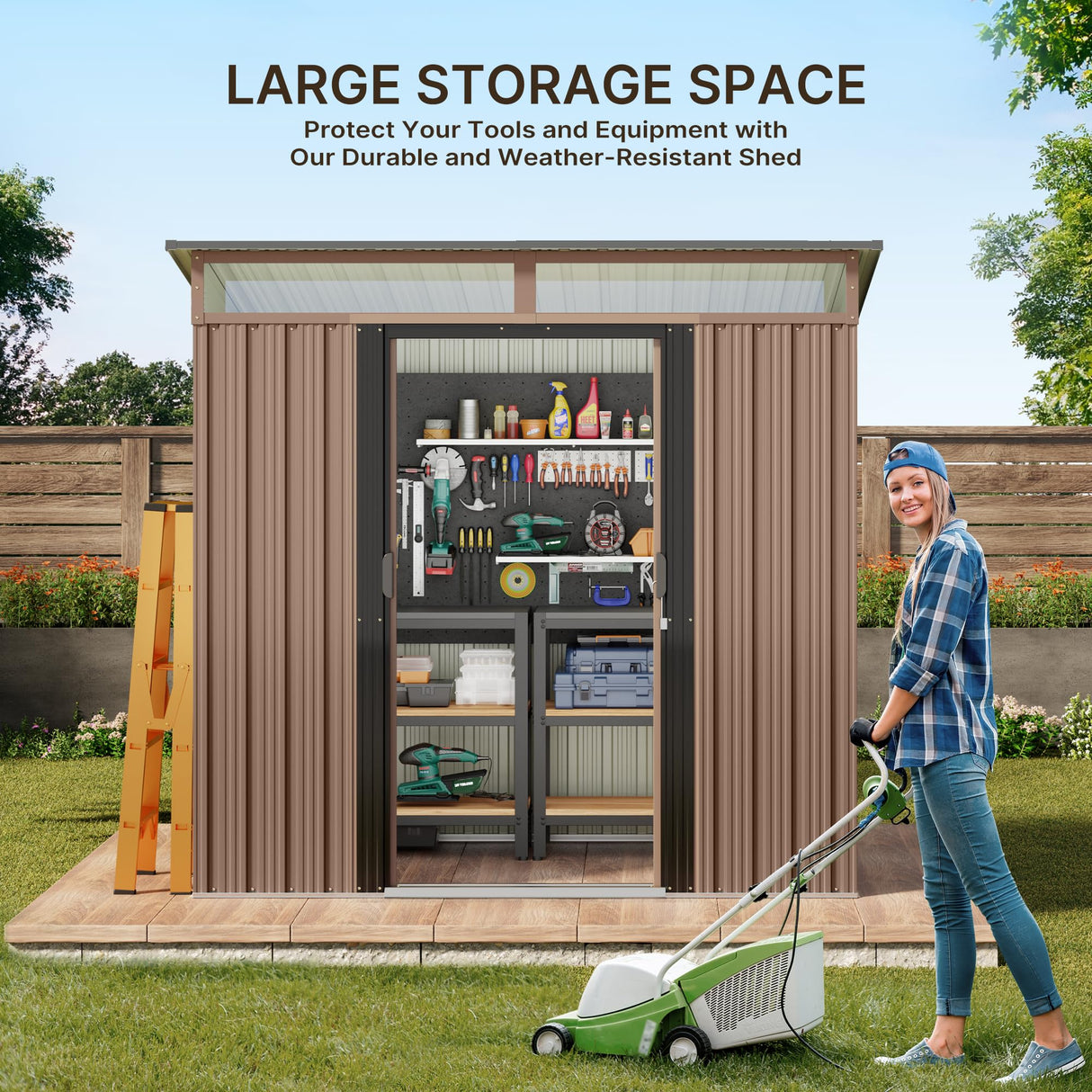 Gizoon 6'x4' Outdoor Storage Shed Metal Garden Shed with Sliding Lockable Doors, Versatile Tool Bike Shed with Transparent Panel Windows, Outdoor Storage Clearance for Backyard, Patio, Light Brown Gizoon