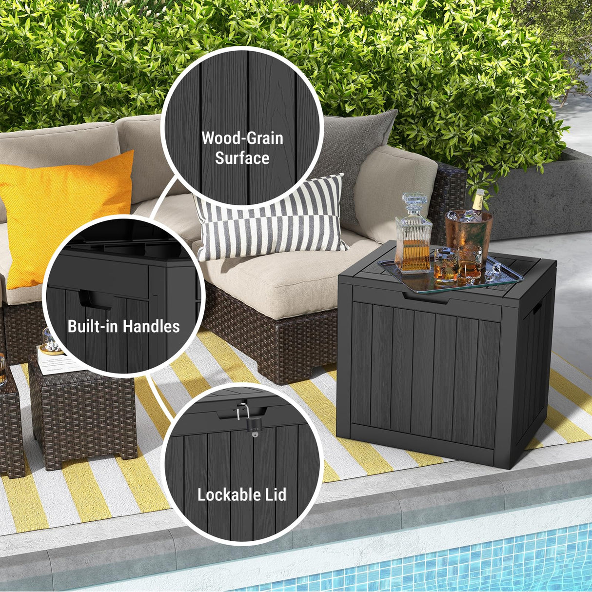 Mars Villa Deck Box, Waterproof Weatherproof and UV Resistant Resin Storage Bin with Lockable Lid, Ideal for, Outdoor, Patio Furniture Cushions, Pool Supplies, Garden Tools (31 Gallon, Black) Mars Villa