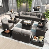 LayinSun 15 Pieces Patio Furniture Set with Fire Pit Table, Black Rattan Modular Sectional Outdoor Conversation Sofa Set, Swivel Rocking Chairs Set LayinSun