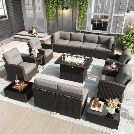 LayinSun 15 Pieces Patio Furniture Set with Fire Pit Table, Black Rattan Modular Sectional Outdoor Conversation Sofa Set, Swivel Rocking Chairs Set LayinSun