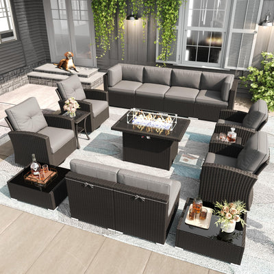 LayinSun 15 Pieces Patio Furniture Set with Fire Pit Table, Black Rattan Modular Sectional Outdoor Conversation Sofa Set, Swivel Rocking Chairs Set