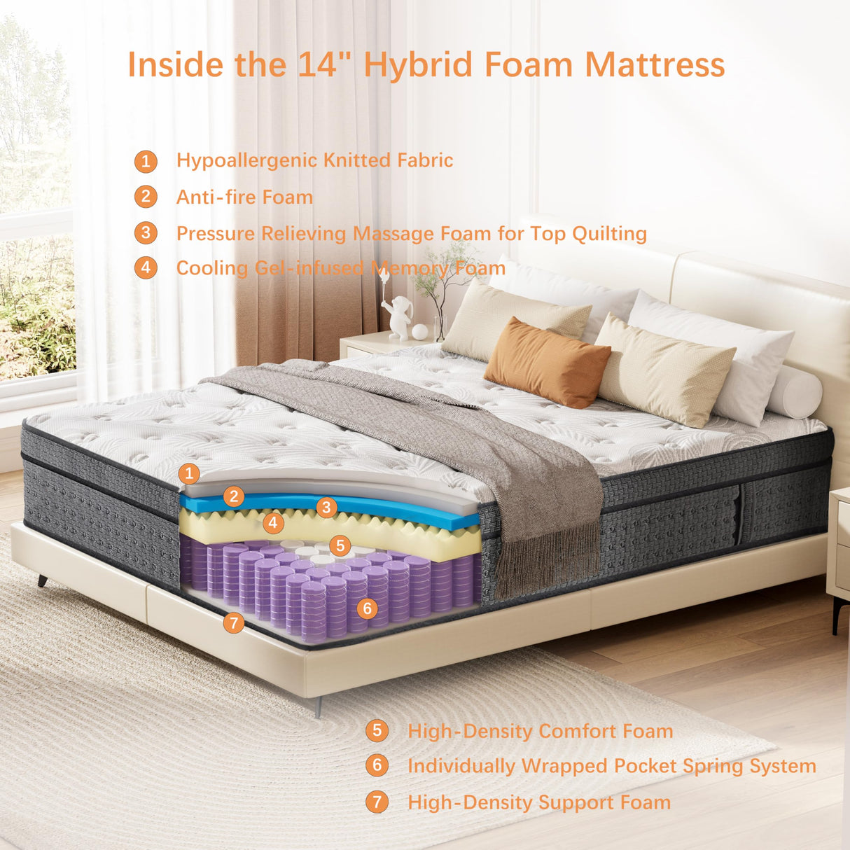 Queen Mattress 14 inch, Medium Firm Hybrid Mattresses with Cooling Gel Memory Foam, Queen Mattress in a Box, Independent Spring for Motion Isolation, Pressure Relief & Upgraded Support, CertiPUR-US Pamag pieeoo