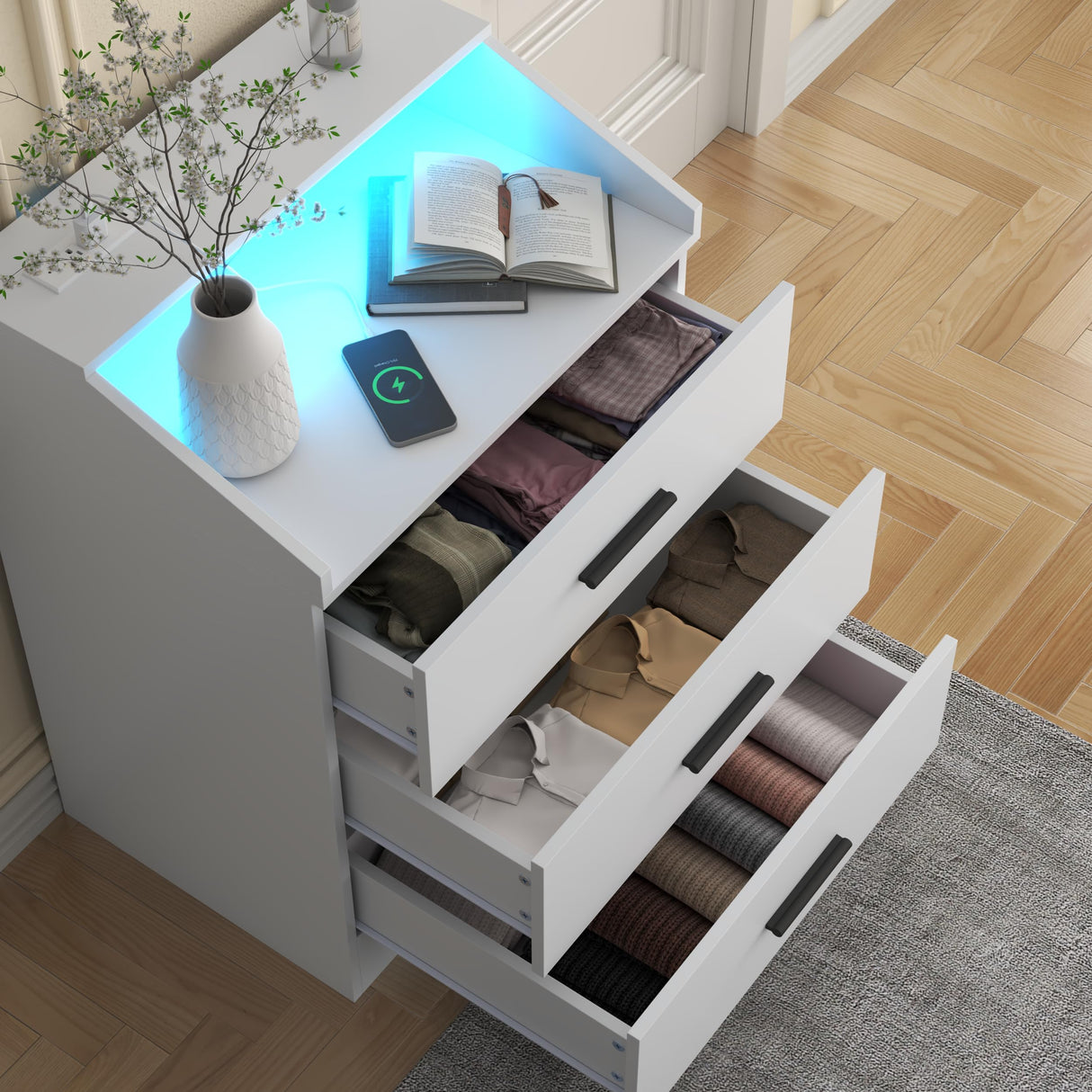 Gyfimoie 3 Drawer Dresser for Bedroom with Power Outlet, White Dresser with LED Light, Modern Dressers with Open Storage Cubby, Chest of Drawers Storage Organizer for Hallway, Living Room (White)… Gyfimoie