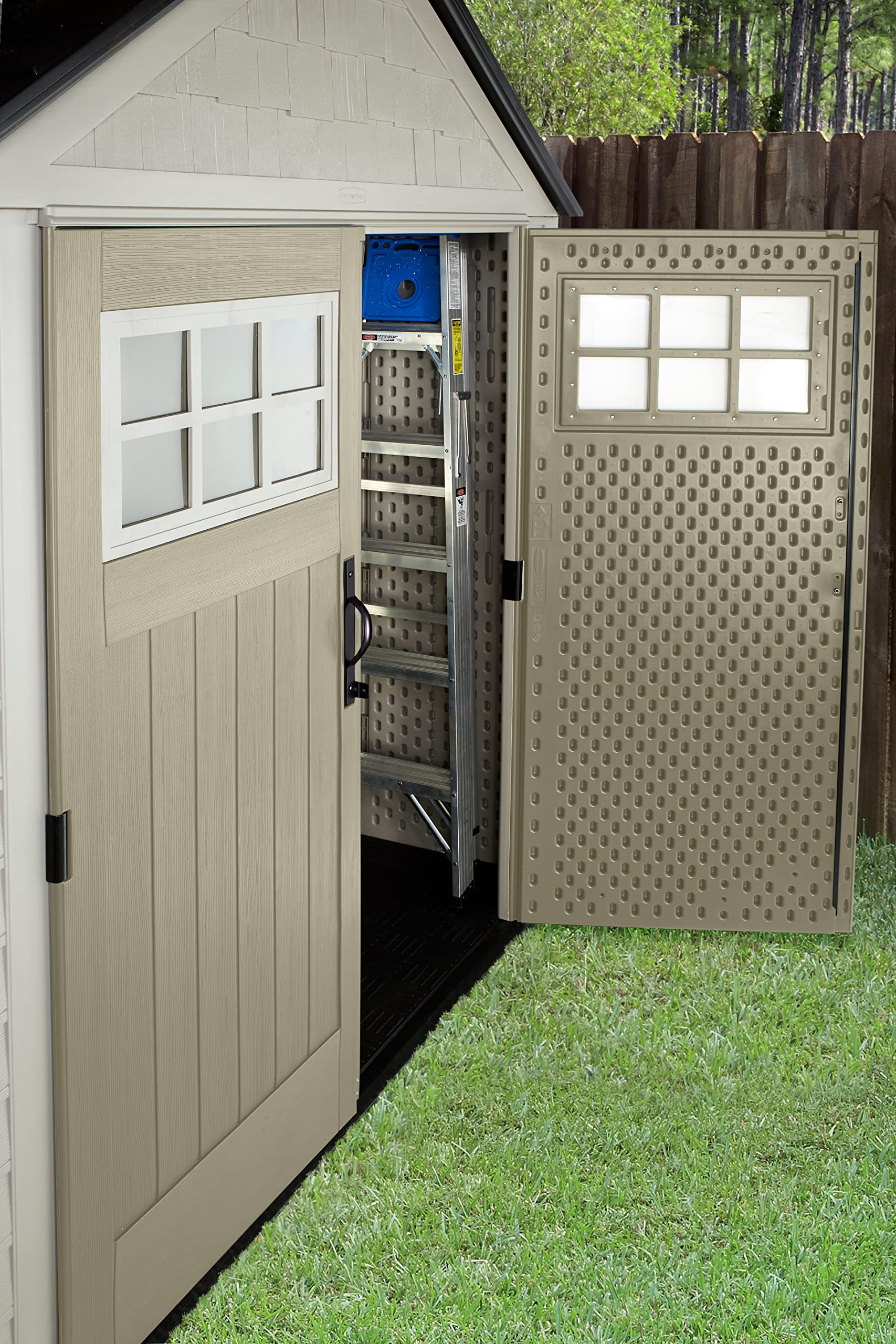 Rubbermaid Resin Outdoor Storage Shed With Floor (7 x 7 Ft), Weather Resistant, Beige/Brown, Organization for Home/Backyard/Garden Tools/Lawn Mower/Bike Storage/Pool Supplies - WoodArtSupply