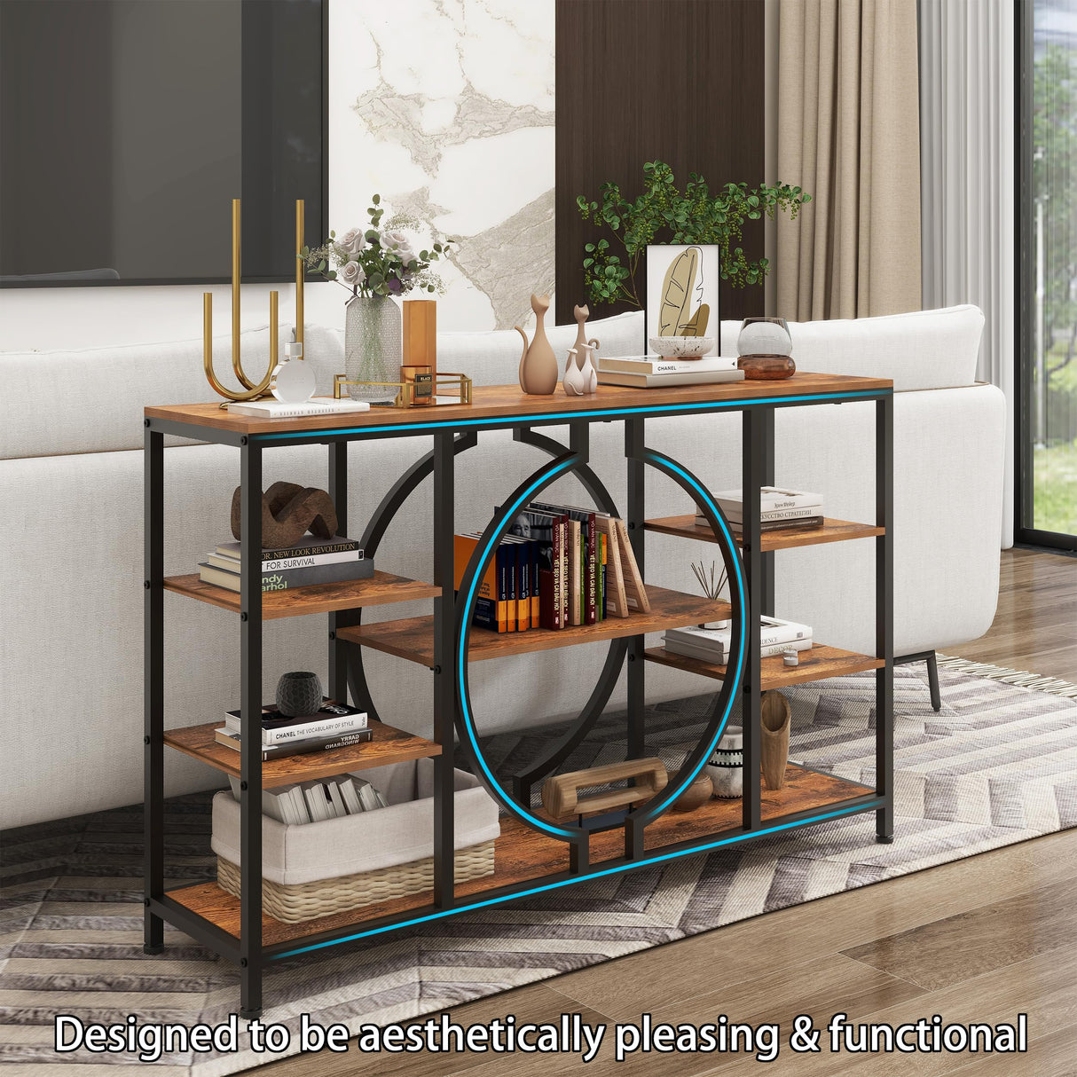 GiftGo 47" Industrial Console Tables for Entryway Rustic Sofa Table Behind Couch 4 Tier Wooden Shelves Entry Table with Storage for Foyer, Hallway, Front Door,Living Room (Rustic Brown, 47") GiftGo