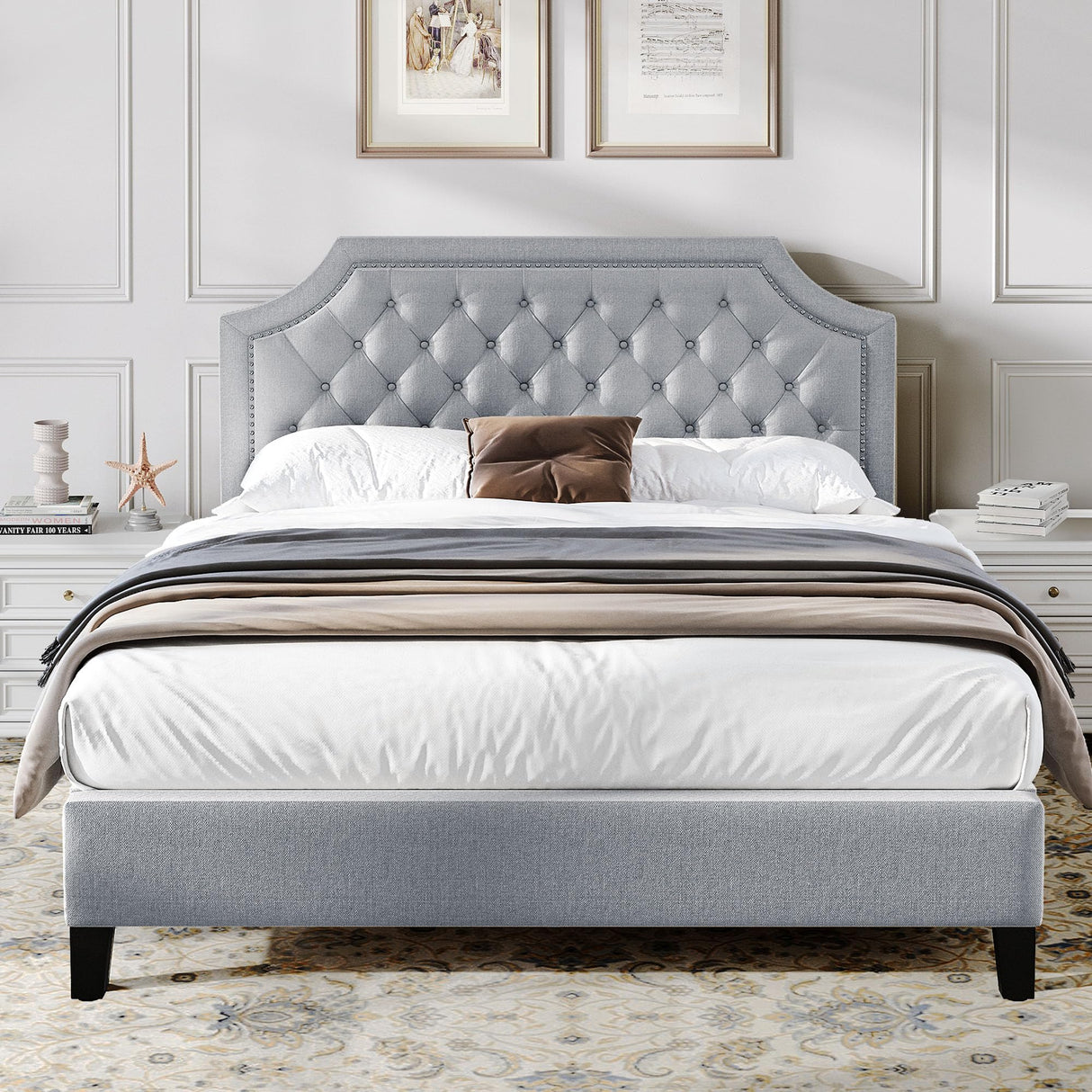 DWVO Full Bed Frame with Headboard, Grey Linen Upholstered Platform Bed Frame with Adjustable Nail Headboard, 12'' Under-Bed Storage Low Profile Bed Frame No Box Spring Needed Hold up to 800lbs DWVO
