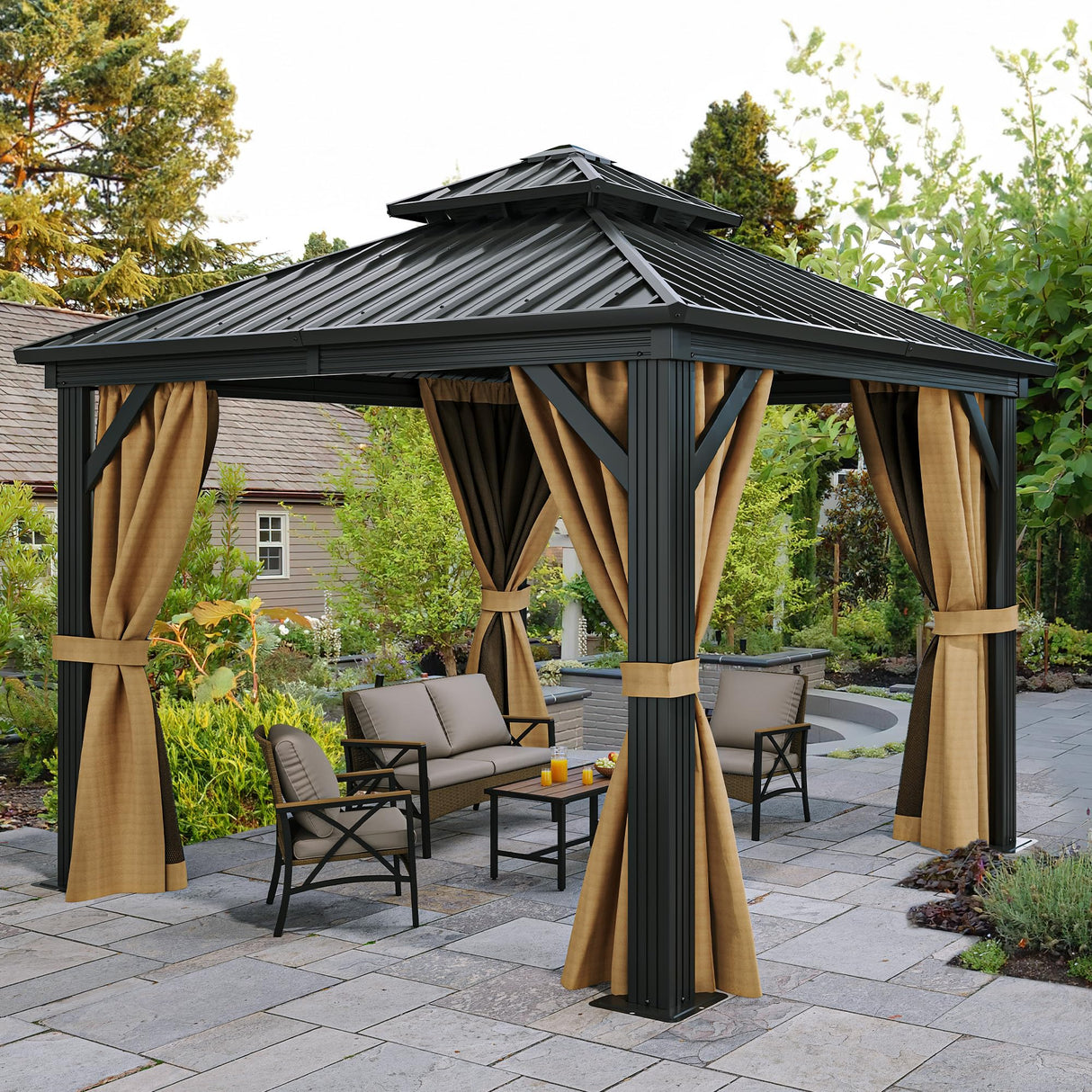 YITAHOME 10x10ft Gazebo Hardtop Double Roof Canopy w/Netting and Curtains, Outdoor Gazebo 2-Tier Hardtop Galvanized Aluminum Frame Garden Tent for Patio, Backyard, Deck and Lawns, Brown YITAHOME