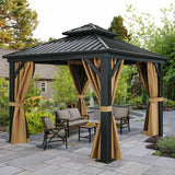 YITAHOME 10x10ft Gazebo Hardtop Double Roof Canopy w/Netting and Curtains, Outdoor Gazebo 2-Tier Hardtop Galvanized Aluminum Frame Garden Tent for Patio, Backyard, Deck and Lawns, Brown YITAHOME