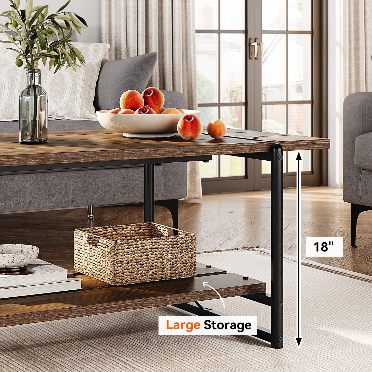 2-Tier Farmhouse 41'' Large Gray Wood Coffee Table with Storage Shelf -Modern Rustic Metal Rectangle Center Living Room Coffee Table Accent Furniture for Home Office,Easy Assembly(Walnut Brown)