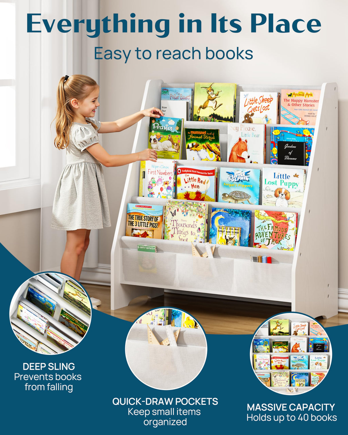 SEIRIONE Sturdy Kids Bookshelf,4-Tier Book Shelf for Kids Room with Tear-Proof Oxford Fabric-Nursery Room Playroom Classroom,Deep Slings to Keep Books Upright,Ideal Height for Toddler Age 3+, White SEIRIONE