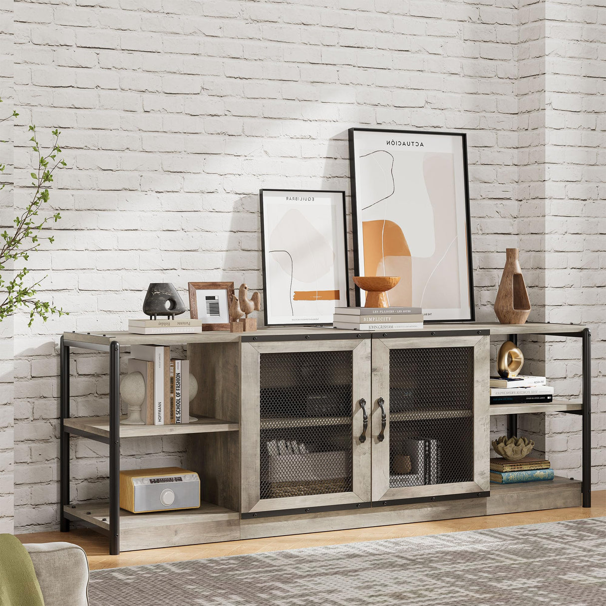 Amyove Farmhouse TV Stand for 75/80 inches TVs, Industrial Entertainment Center with Double Mesh Doors and Storage Cabinet, Rustic TV Cabinet TV Media Console Table for Living Room, Grey Amyove