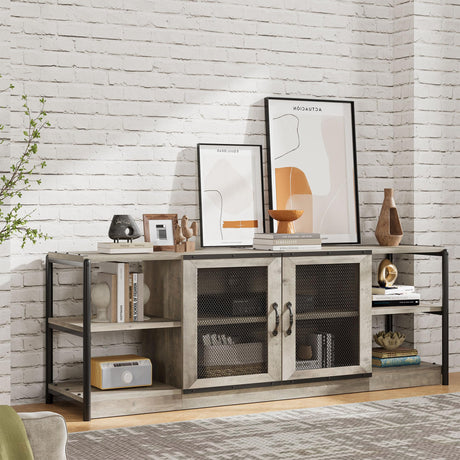 Amyove Farmhouse TV Stand for 75/80 inches TVs, Industrial Entertainment Center with Double Mesh Doors and Storage Cabinet, Rustic TV Cabinet TV Media Console Table for Living Room, Grey Amyove