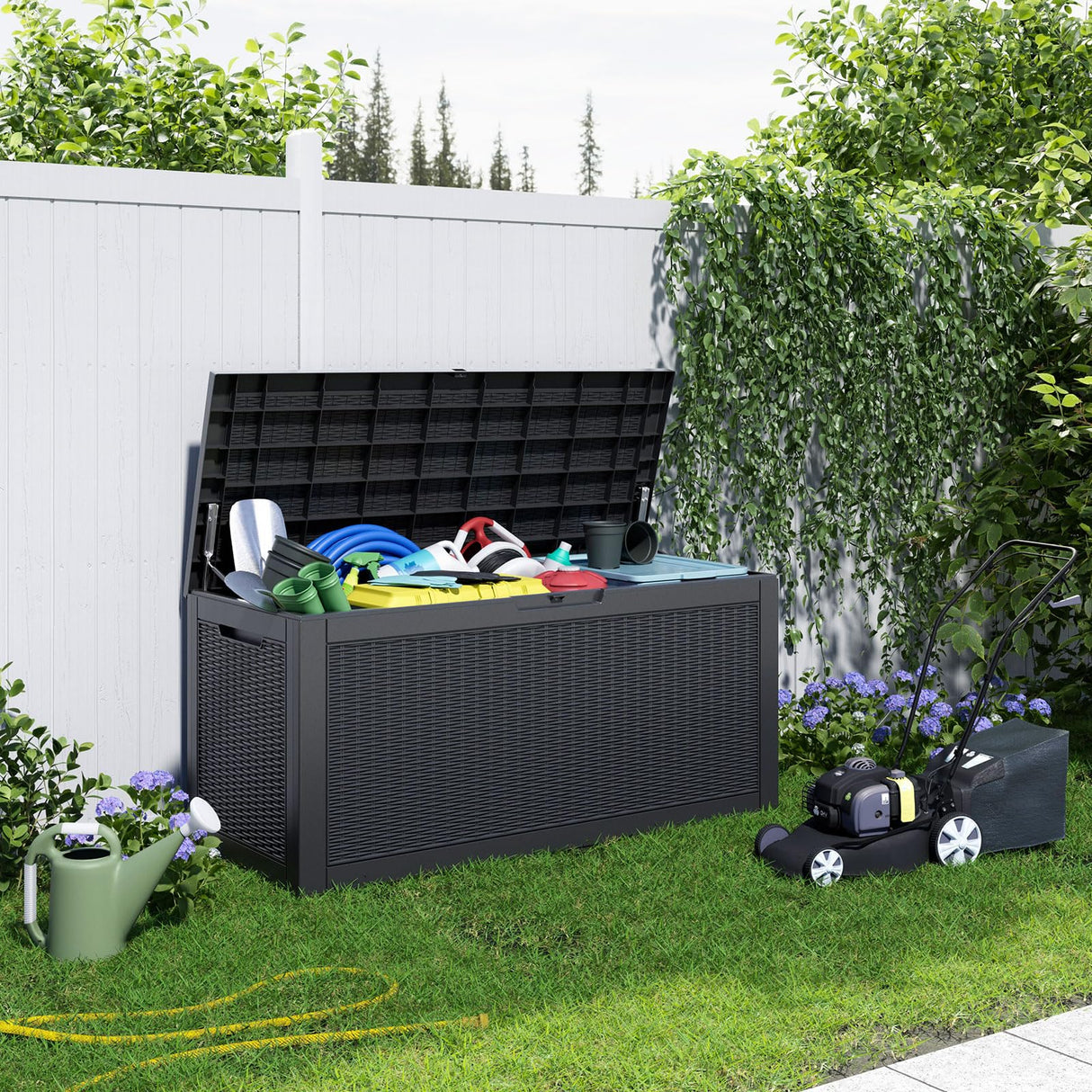 100 Gallon Resin Deck Box, Lockable Patio Outdoor Storage Box for Furniture, Garden Tools and Tools Storage, Waterproof Outside Storage Boxes - Black PatioZen