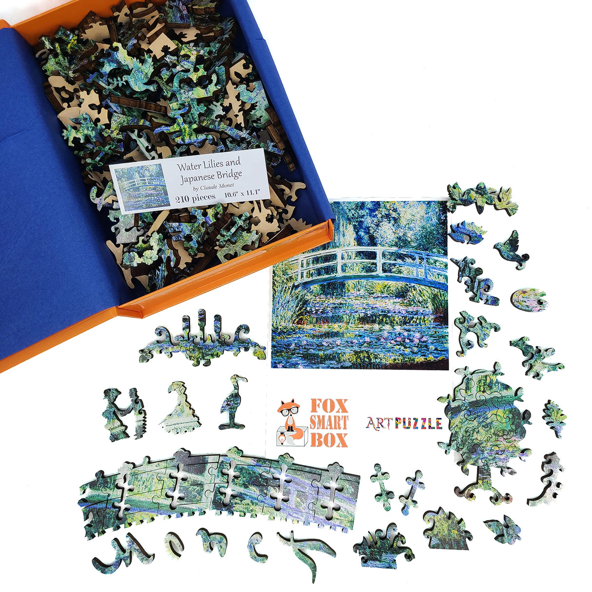 Wooden Jigsaw Puzzle for Adults - Uniquely Shaped Pieces - Made in The USA by FoxSmartBox - 210 Pieces - Water Lilies and Japanese Bridge FoxSmartBox