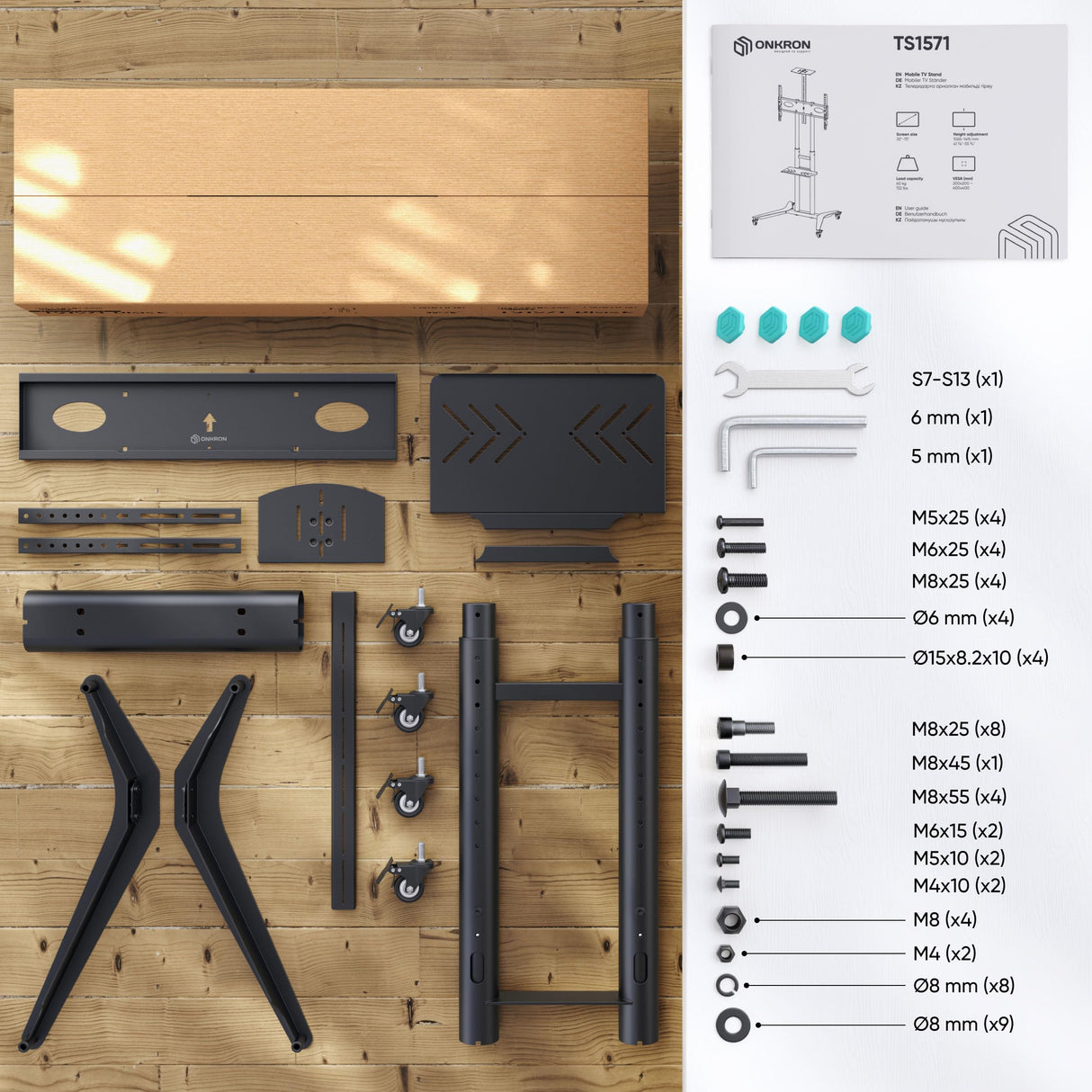 ONKRON Mobile TV Stand on Wheels for 32-75 Inch TVs up to 132 lbs, Height Adjustable TV Stand Portable 200x200-600x400 VESA Mobile TV Cart Rolling TV Stand with Shelf/TV Movable Stand Black ONKRON