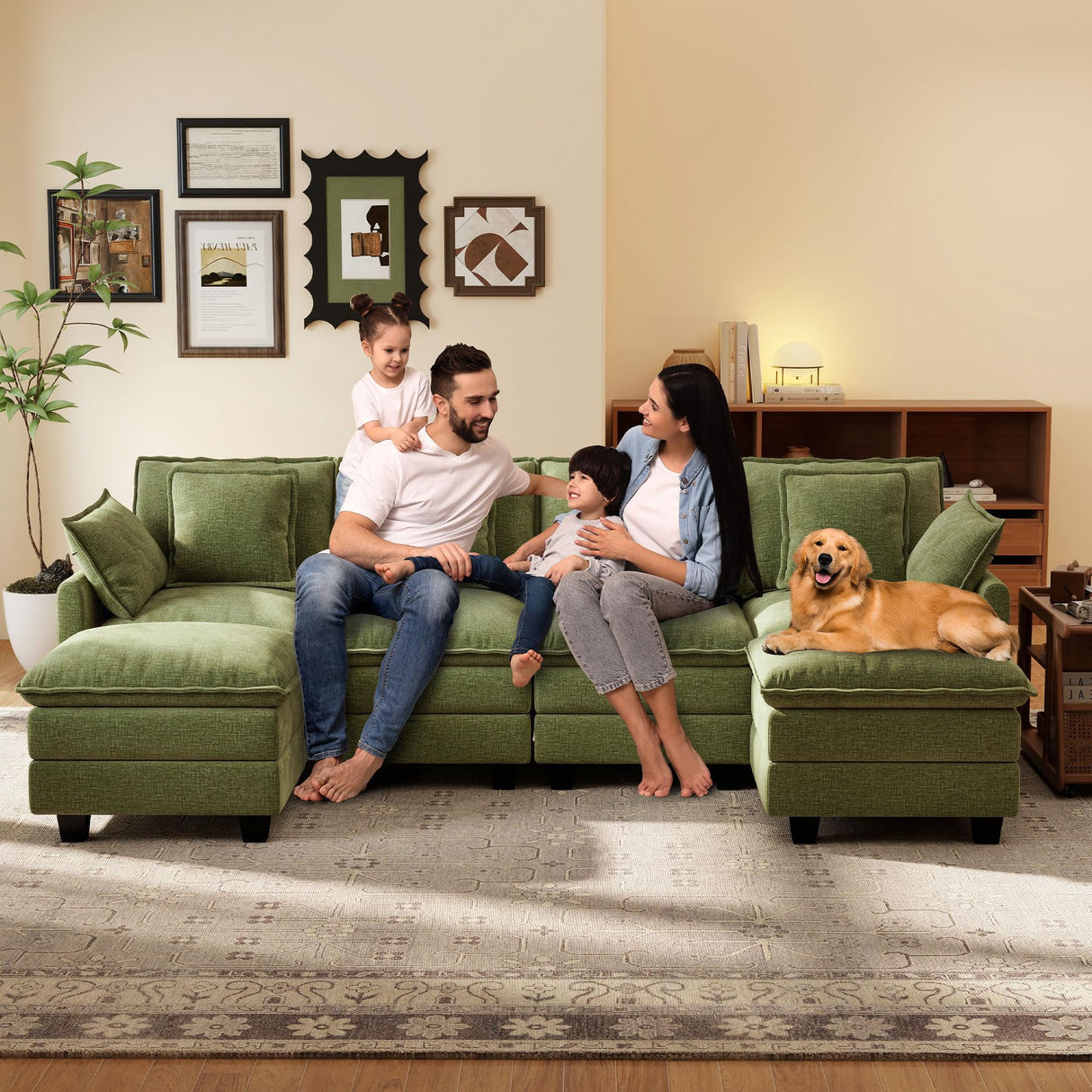 Ihanherry 106" U Shaped Modular Sectional Cloud Sofa, Modern 6 Seat Chenille Couch with Ottoman for Living Room, Bedroom and Apartment, Green Ihanherry