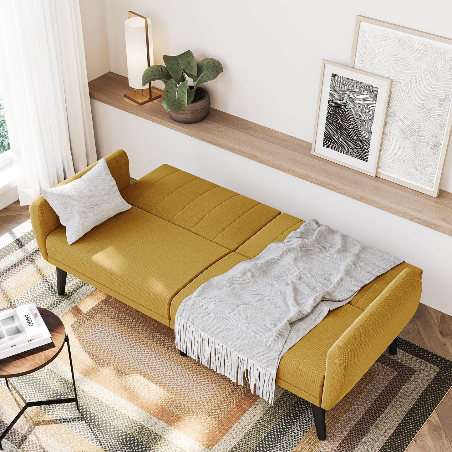 BELLEZE Adjustable Folding Sofa Bed, Upholstered Modern Convertible Futon, Sleeper Sofa for Living Room, Guest Room, Garage - Melrose (Yellow)