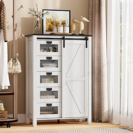 SDMY 5 Drawers Dresser for Bedroom w/Sliding Barn Door, 5 Drawer Tall Dresser, Farmhouse Chest of Drawers, Storage Organizer Dresser for Bedroom, Hallway, Living Room, Kids Room (White) SDMY