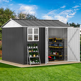DWVO 10x8ft Large Tool Storage Shed with Window, Lockable Doors, and Sloped Roof, Oversized Steel Outdoor Storage Shed for Garden, Patio, Garage, Backyard, Lawn - Gray & White DWVO