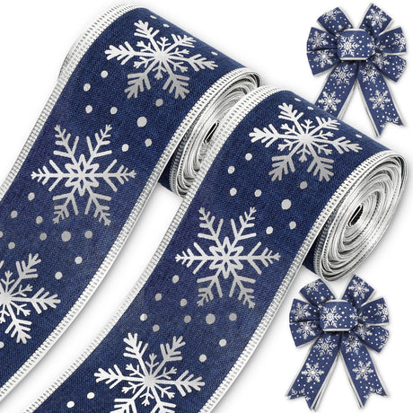 Whaline Christmas Ribbons 20 Yards Blue Silver Snowflake Wired Edge Ribbon Winter Fabric Craft Ribbon for Xmas Wreath Bow Making DIY Crafts Wrapping Supplies, 2 Rolls Whaline