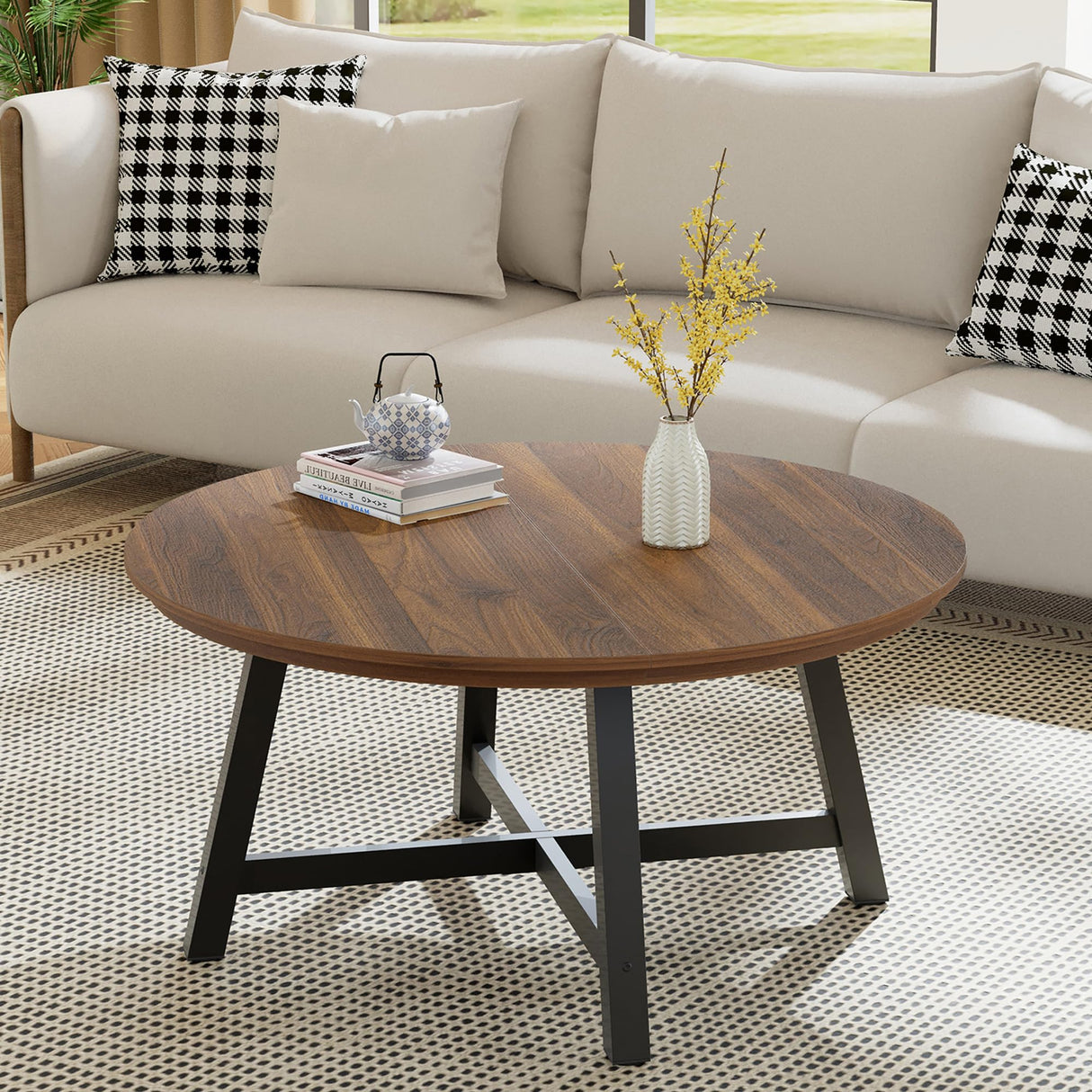 GarveeHome Round Coffee Table 36" Center Table,Large Coffee Table Industrial Accent Tables with Adjustable Feet, Living Room Tables with Thickened Legs and Designed Wood Grain, Easy Assemble GarveeHome