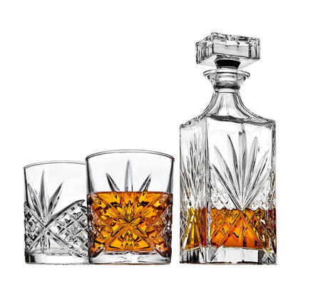 Lefonte Whiskey Decanter Set with 2 Old Fashioned Whisky Glasses for Liquor Scotch Bourbon or Wine - Irish Cut Lefonte