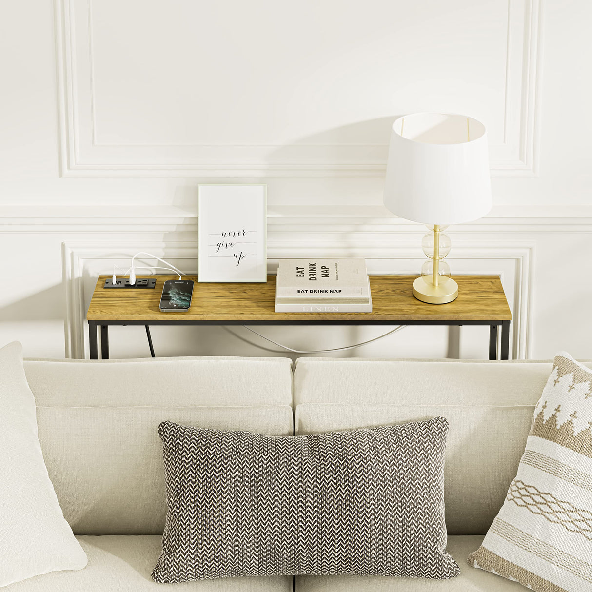 SONGXIN 39 Inch Console Table with Power Outlet,Modern Narrow Long Sofa Table Behind Couch,Skinny Entry Table with Black Metal Frame for Entryway,Living Room, Hallway,3D Oak SONGXIN