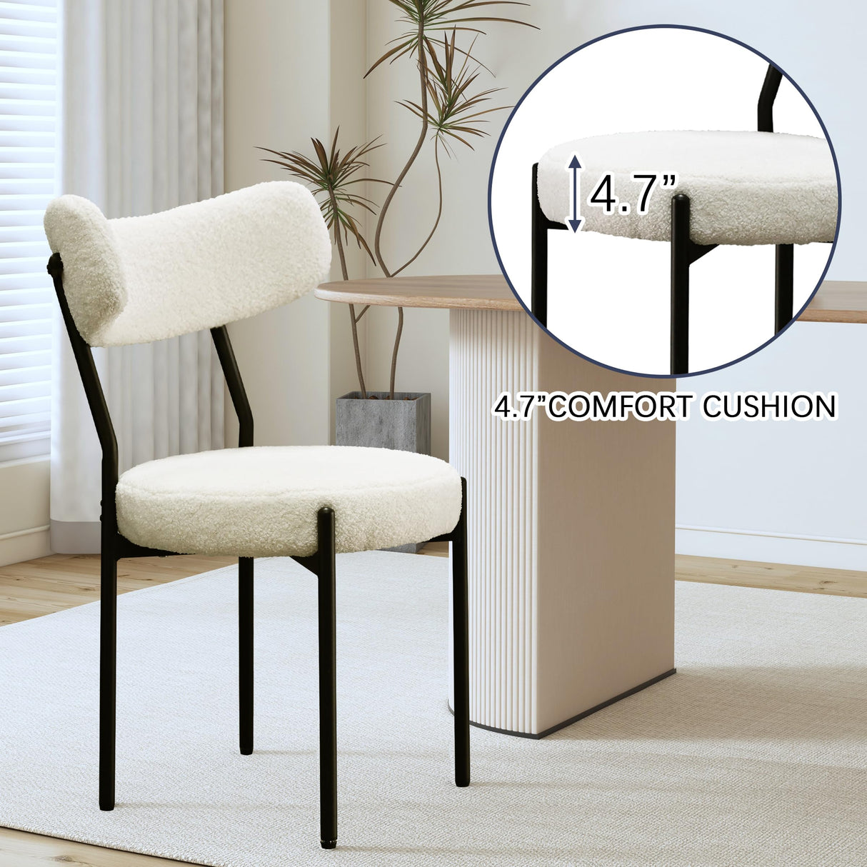 Orweiin Boucle Dining Chairs Set of 4, Upholstered Dining Chairs with Curved Backrest, Round Modern Dining Chair with Black Metal Legs for Dining Room, Vanity, White Orweiin