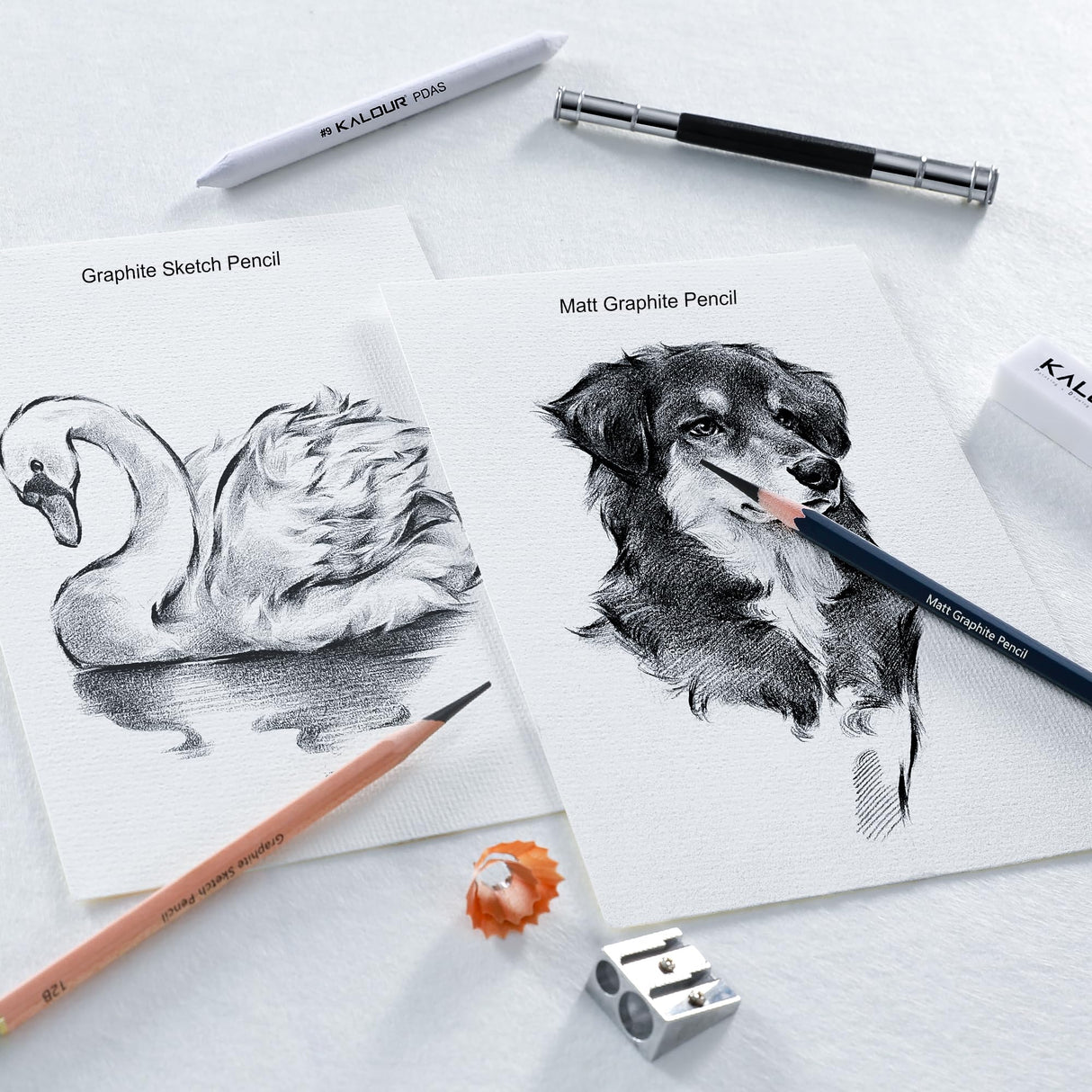 KALOUR 25-Piece Professional Sketch Pencil Set with Matte and Regular Pencils - Includes Vinyl Eraser, Kneaded Eraser, Sharpener, Pencil Extender and Blending Stump - Ideal for Artists and Beginners KALOUR