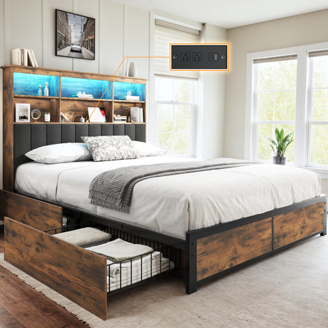 HISOFT Vintage Brown Queen Bed Frame with Bookcase Headboard, Storage Drawers, LED Lights & Charging Station HISOFT