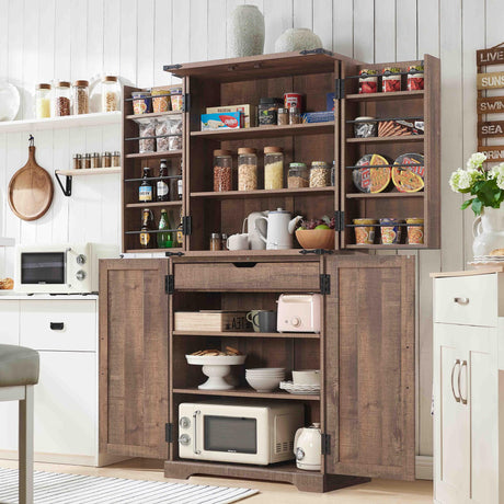 ACCOHOHO 72" Tall Kitchen Pantry, Farmhouse Storage Cabinet with Barn Doors, Organizer, Drawer and Adjustable Shelves, Rustic Wood Cupboard for Kitchen, Dining Room, Bathroom, Rustic Brown ACCOHOHO