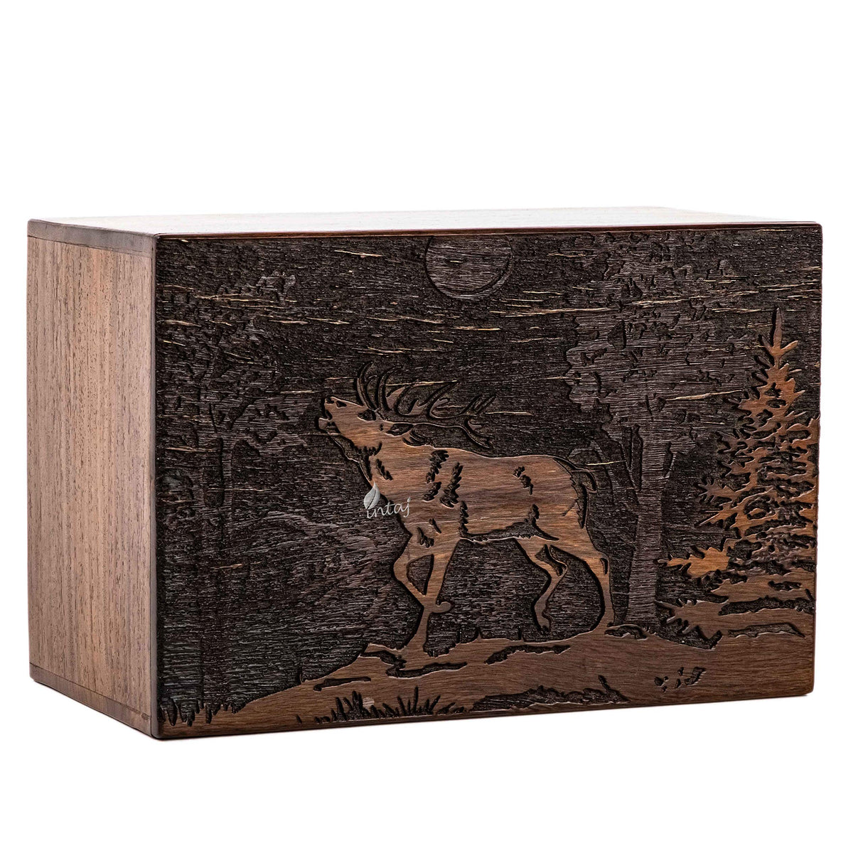 INTAJ Handmade Wooden Cremation Urn for Human Ashes - Deer Engraved Wooden Burial Urns Hand-Crafted - Funeral Cremation Urn for Ashes (Rosewood, XL INTAJ