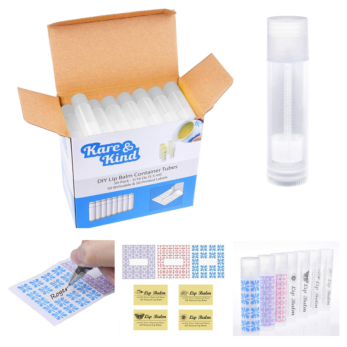Kare & Kind Lip Balm Crafting Kit - 50x Empty Transparent Container Tubes (3/16 Oz (5.5 ml) With Twist Mechanism Cap - 50 Writeable and 50 Printed Stickers - DIY Kit Kare & Kind