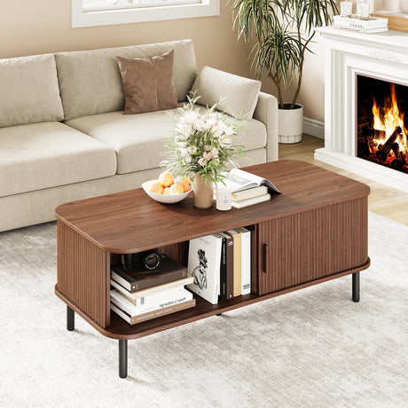 Coffee Table with Storage, 47.2" Mid Century Modern Coffee Tables for Living Room, Rectangle Wood Center Table with Sliding Tambour Door & Adjustable Leg for Living Room, Walnut ONBRILL