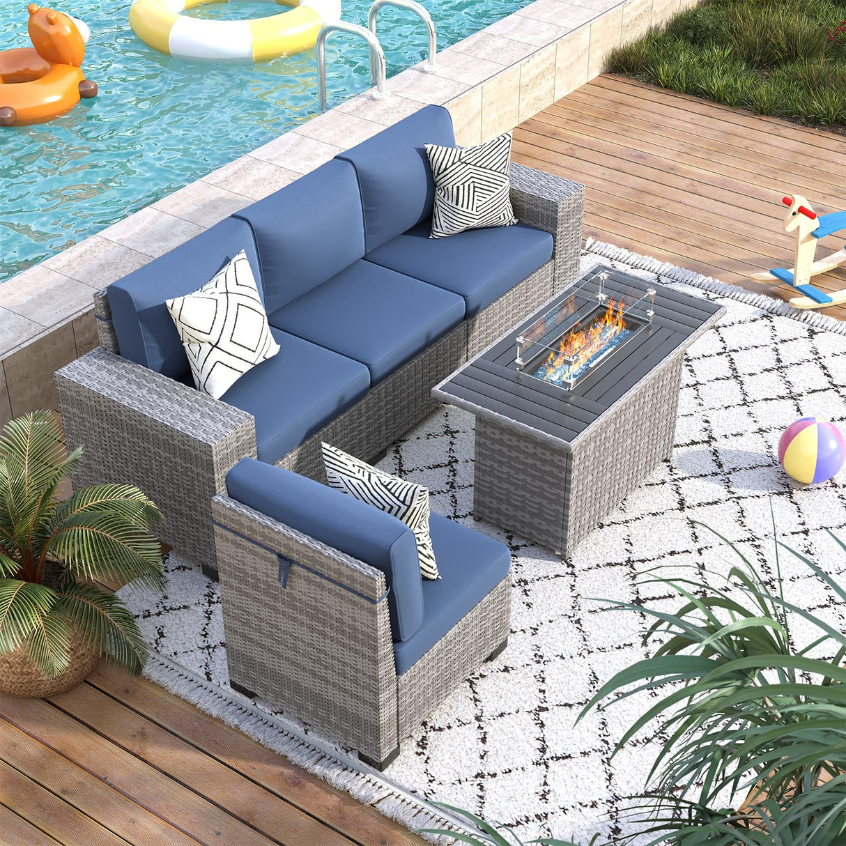 VONZOY 5 Piece Patio Furniture Set with Fire Pit Table, Outdoor Conversation Sets Grey Wicker Rattan Sectional Sofa, 4'' Thickened Cushion Navy Blue (Include Waterproof Cover) VONZOY