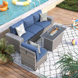 VONZOY 5 Piece Patio Furniture Set with Fire Pit Table, Outdoor Conversation Sets Grey Wicker Rattan Sectional Sofa, 4'' Thickened Cushion Navy Blue (Include Waterproof Cover) VONZOY