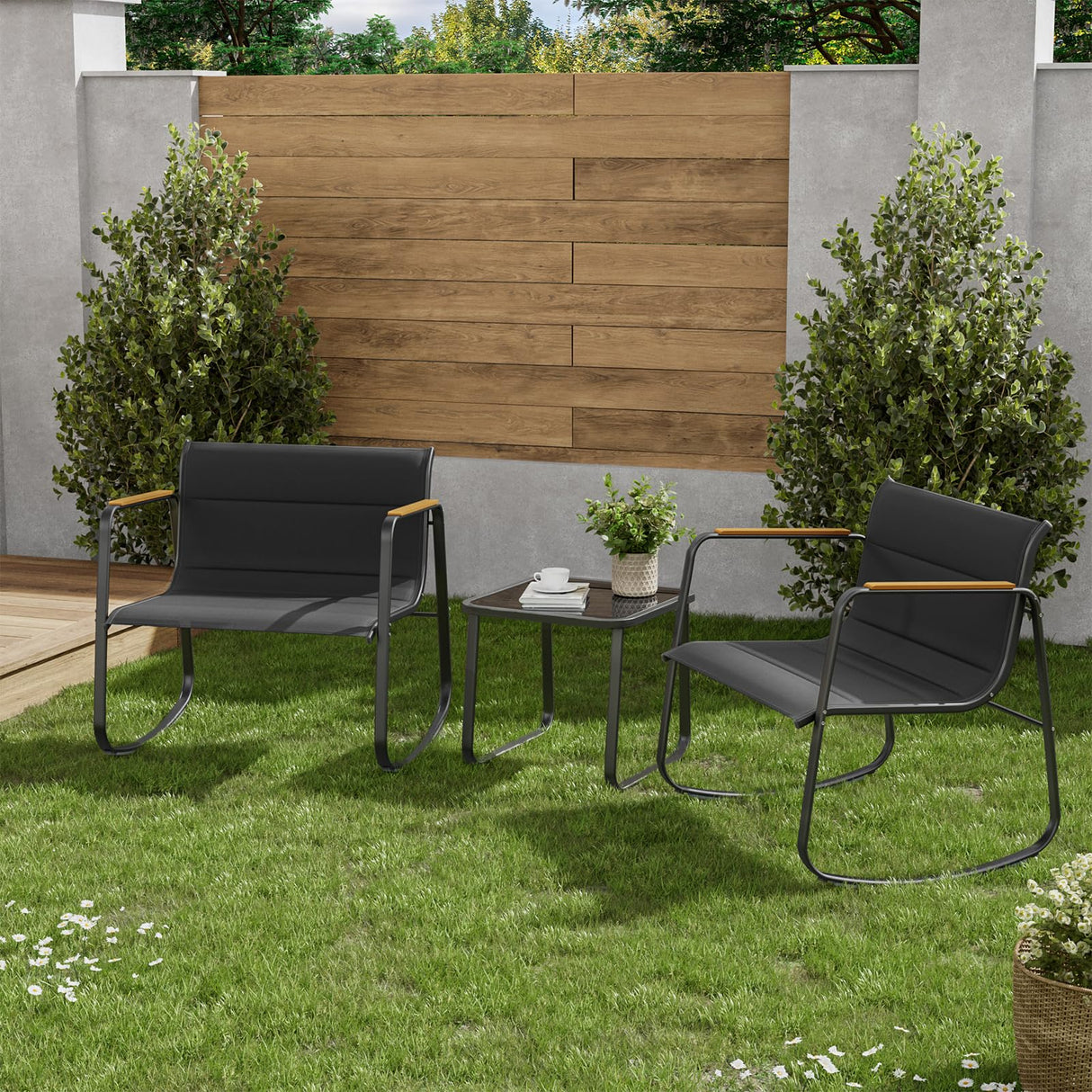 Amopatio Outdoor Table and Chair Set 3 Piece, Patio Rocking Chair, Breathable Textilene Fabric Patio Furniture Set for Porch, Poolside, Deck, Outdoor Terrace, Balcony, Garden,Black Amopatio