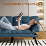 Vipbear Convertible Futon Sofa Bed, Blue Linen Futon Couch with Adjustable Backrest & Armrests, Folding Small Recliner Sleeper Sofa Bed for Living Room, Apartment, Office Vipbear